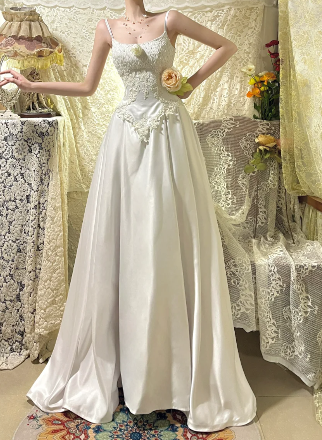 Elegant Spaghetti Straps White Satin Lace Appliques Evening Dress Long Wedding Guest Dress - View 2 | VelvetHem