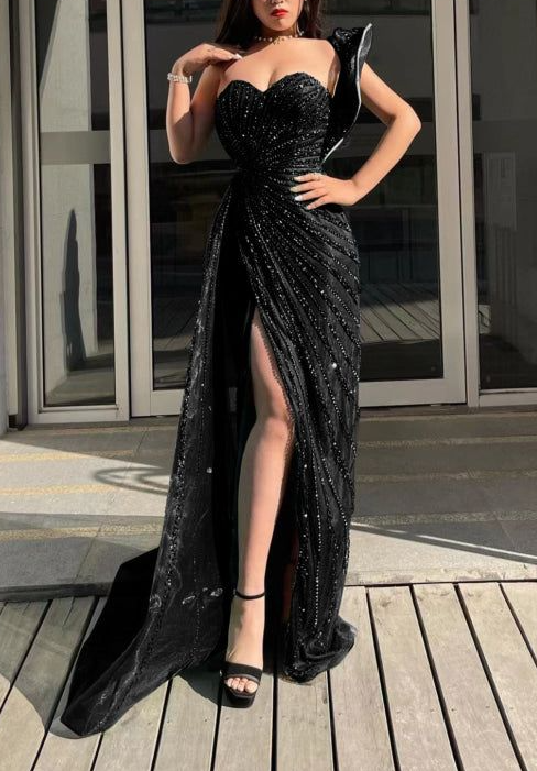 Emerald Green Sweetheart One-Shoulder Sequins Beading Evening Dress Mermaid Prom Dress With Split - View 4 | VelvetHem