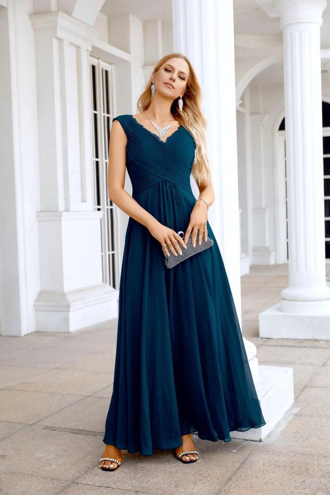 Ladies Chiffon V Neck Sleeveless Floor Length Bridesmaid Evening Dress Wedding Party Evening Dress 28126 by numbersea