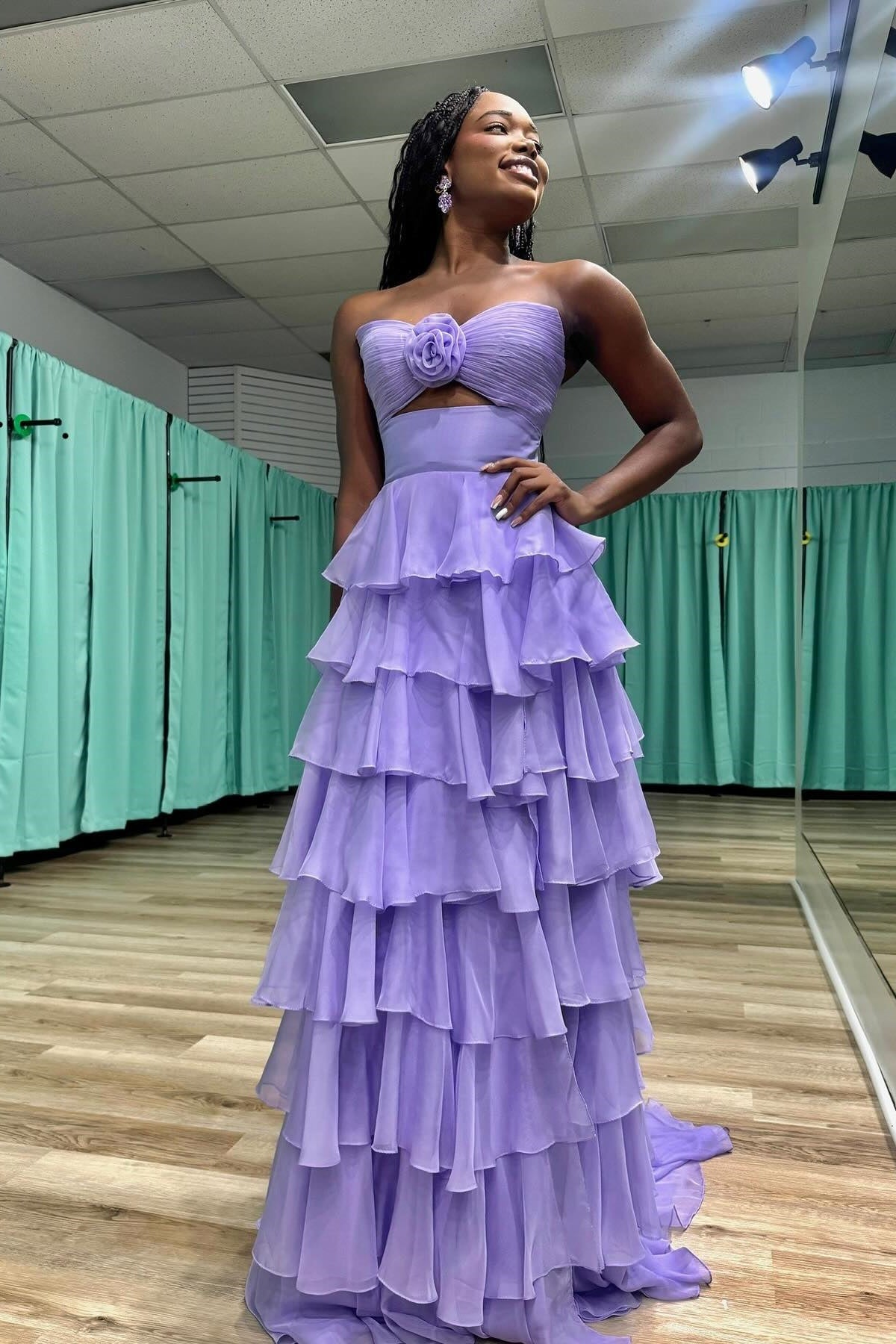 Sweety A-Line Sweetheart Pink Printed Long Tiered Prom Dress with Slit