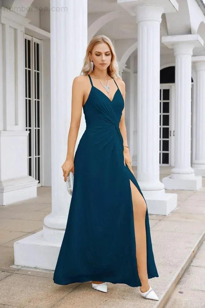 Ladies Chiffon Spaghetti Strap V Neck Front Slit Floor Length Bridesmaid Evening Dress Prom Party Wedding Evening Dress 28116 (ZD17012)