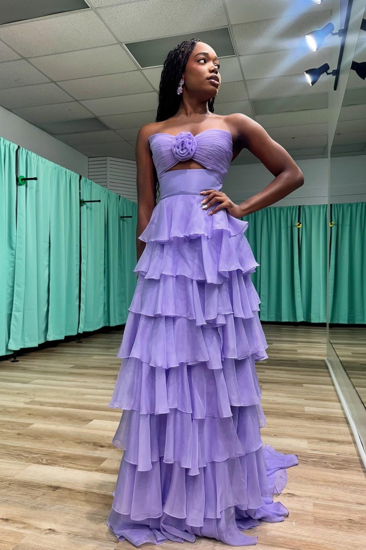 Sweety A-Line Sweetheart Pink Printed Long Tiered Prom Dress with Slit