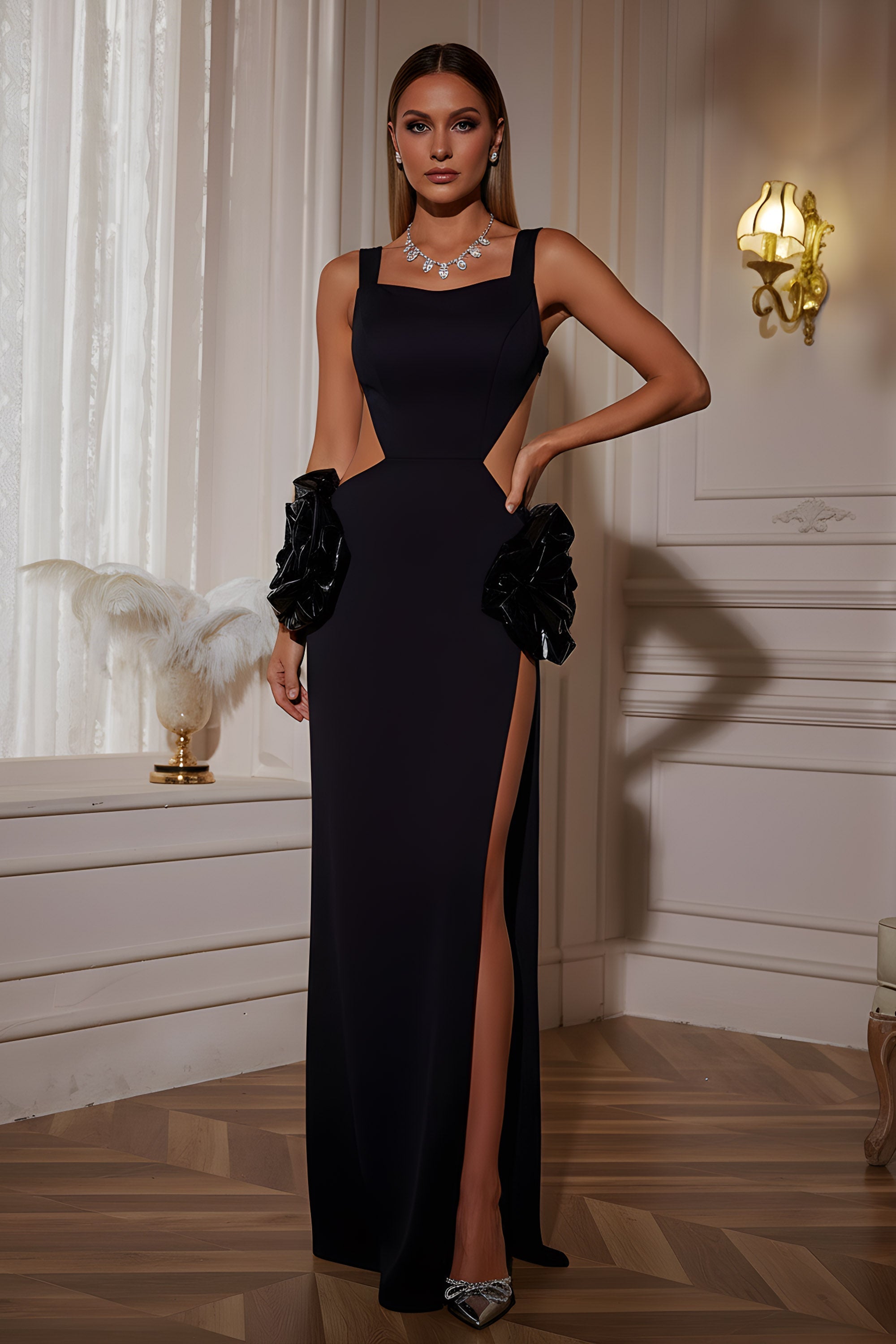 Elegant Sleeveless Gown with Sculptural Hip Ruffles and Side Cutouts