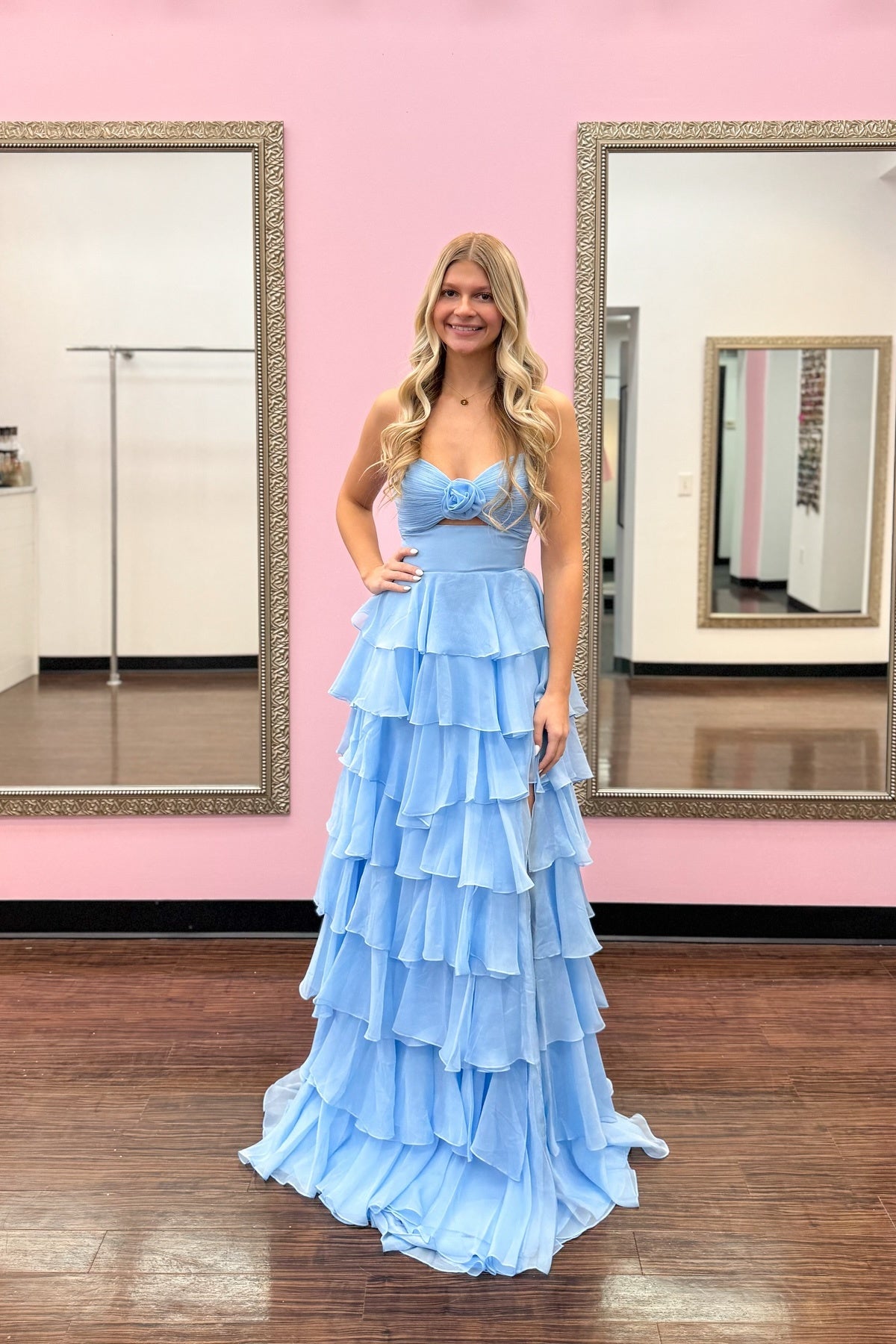 Sweety A-Line Sweetheart Pink Printed Long Tiered Prom Dress with Slit