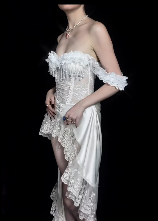 Off The Shoulder White Lace High Low Prom Dress Evening Party Dress - View 4 | VelvetHem