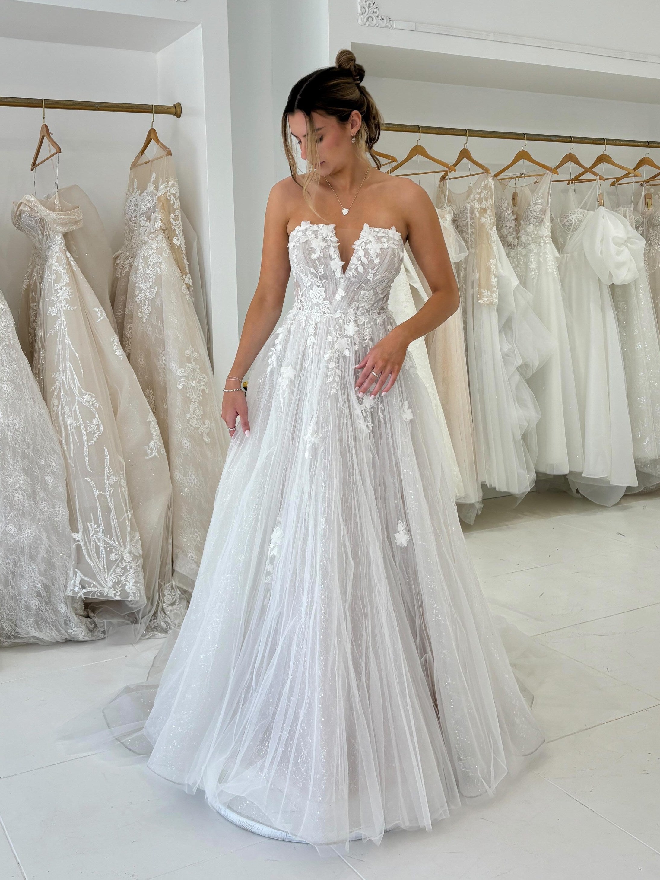 Strapless Deep V Floral Appliqué Glitter Tulle A-Line Wedding Dress