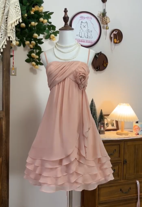 Pretty Rose Pink Spaghetti Straps Layered Chiffon Homecoming Dress Cocktail Dress - View 3 | VelvetHem