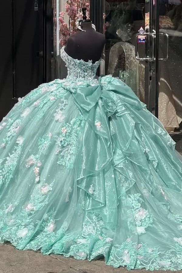 Luxury Light Green Ball Gown Sweetheart Neck Tulle Appliques Birthday Quinceanera Dress