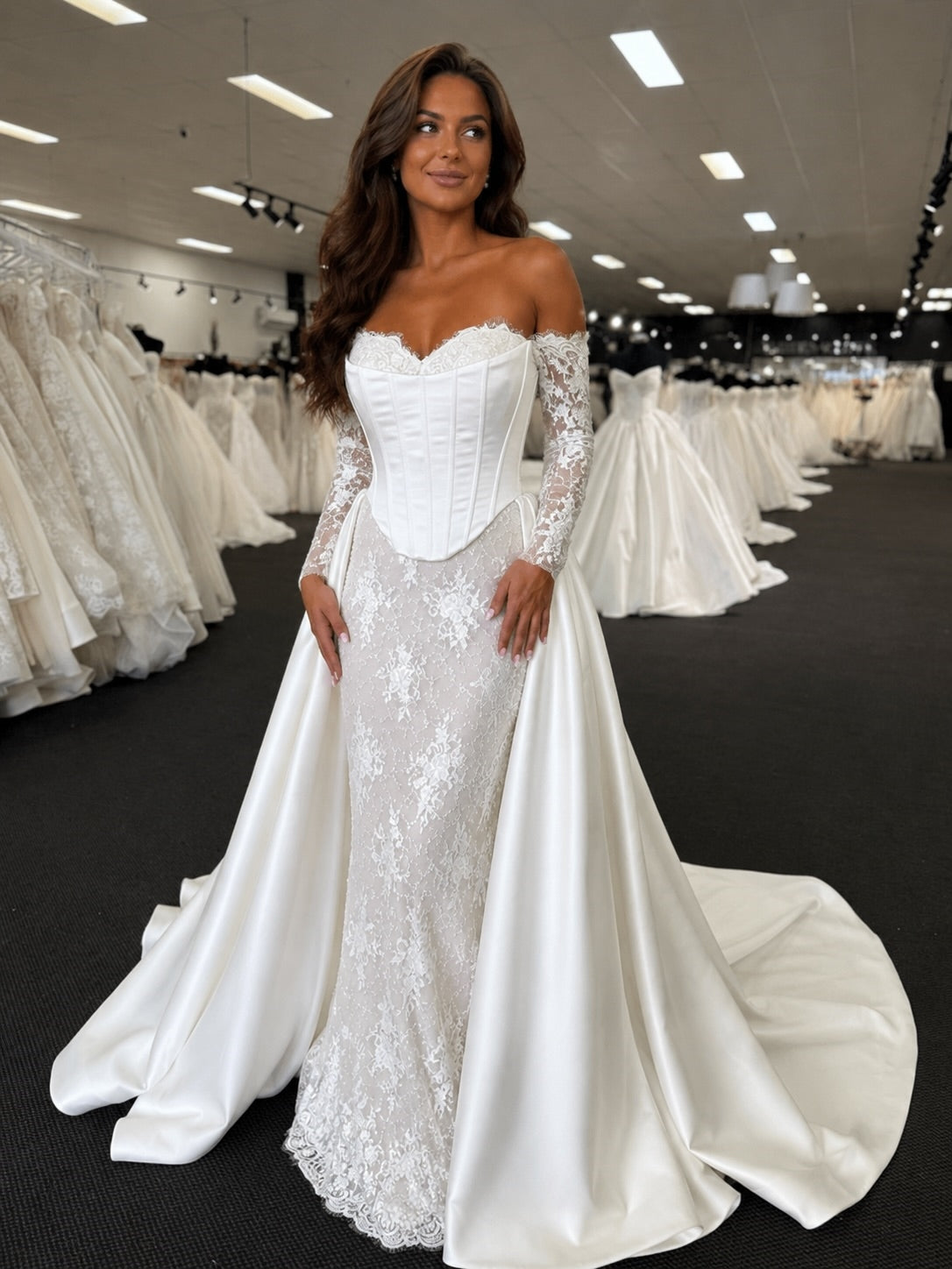 Sweetheart 3/4 Lace Sleeve Fitted Wedding Dress With Satin Overskirt And Chapel Train