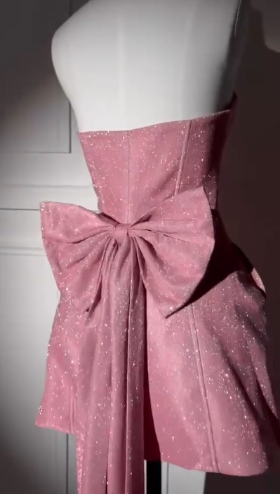 Elegant Strapless Pink Satin Sequin A Line Birthday Outfits Short Graduation Homecoming Dress With Bow - View 2 | VelvetHem