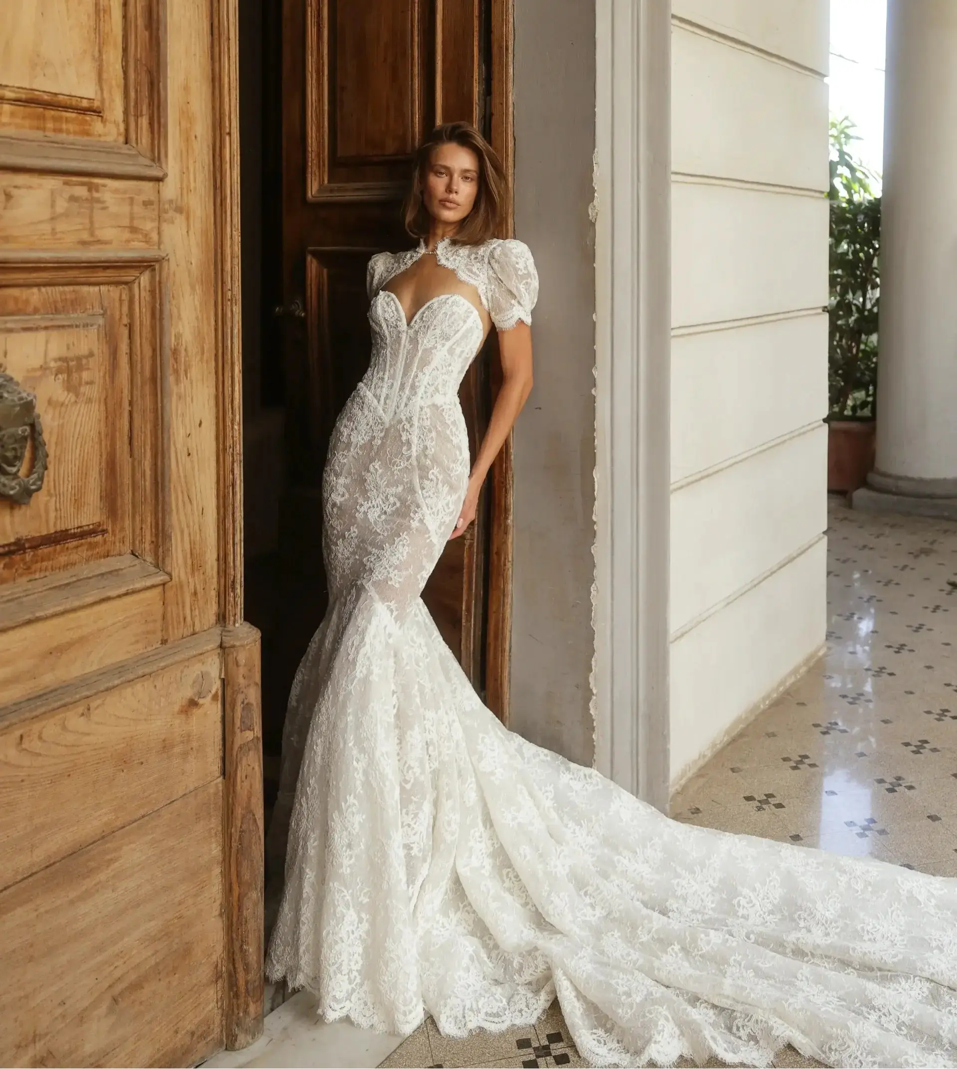 Vintage Ivory Lace High Neck Puff Sleeve Backless Mermaid Wedding Dress ZP124