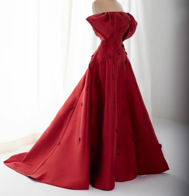 Burgundy Off The Shoulder Satin Appliques Evening Dress Classy Mermaid Party Dress