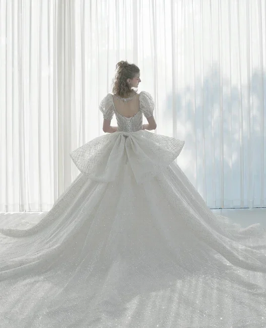 Glittering Ball Gown Deep V-Neck Tulle Wedding Dress with Beaded Embroidery & Puff Sleeves 6021-1 (ZD16920)