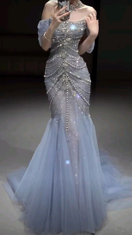 Pretty Mermaid Off The Shoulder Blue Tulle Silver Beads Long Prom Dresses Formal Evening Dress