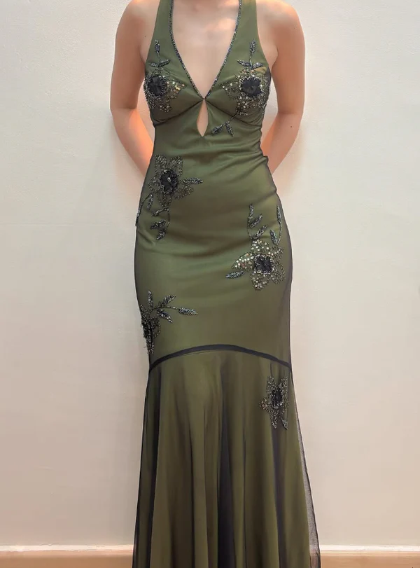 Vintage Green Deep V Neck Beaded Prom Evening Dress,Long Mermaid Party Gown - VelvetHem