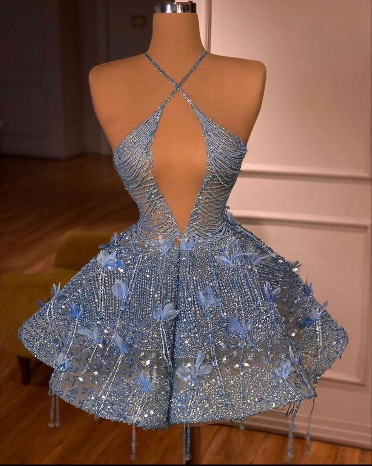 Luxurious Halter Blue Sequin Beaded A Line Short Party Dress Cocktail Dress Formal 7th Grade Homecoming Dress