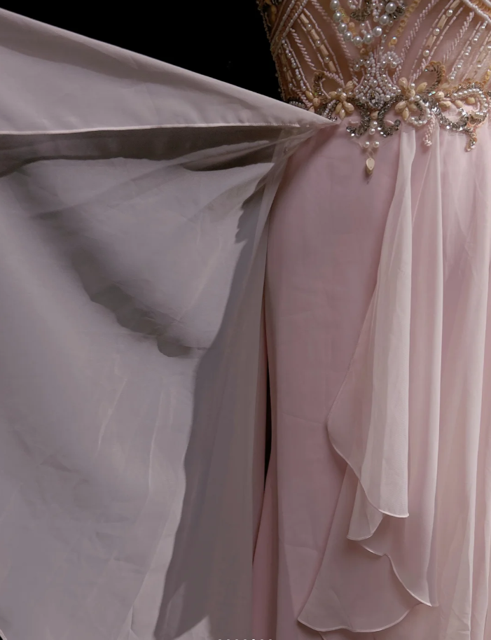 Classy Halter Chiffon Beaded Mermaid Formal Wedding Guest Dress Pink Long Evening Dress Party Dress - View 6 | VelvetHem