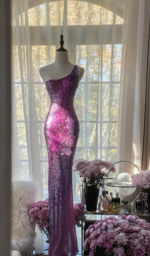 Glamorous Ombre Purple One Shoulder Chiffon Sequin Beaded Mermaid Long Evening Dress Birthday Party Dress - View 7 | VelvetHem