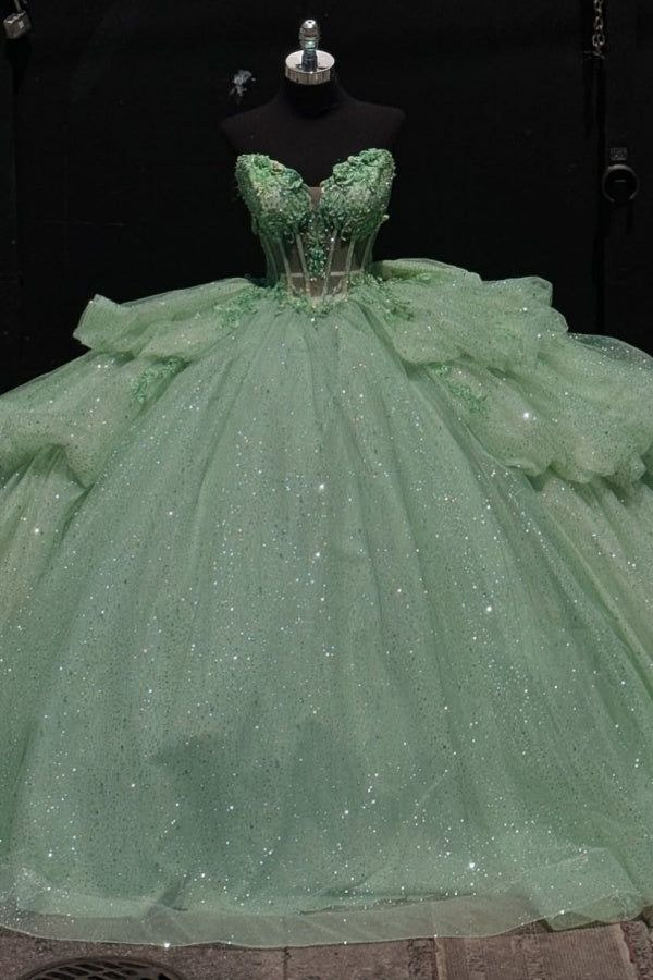 Fairy Green Tulle Sequins Appliques Quinceanera Dress Strapless Ball Gown With Bow - View 3 | VelvetHem
