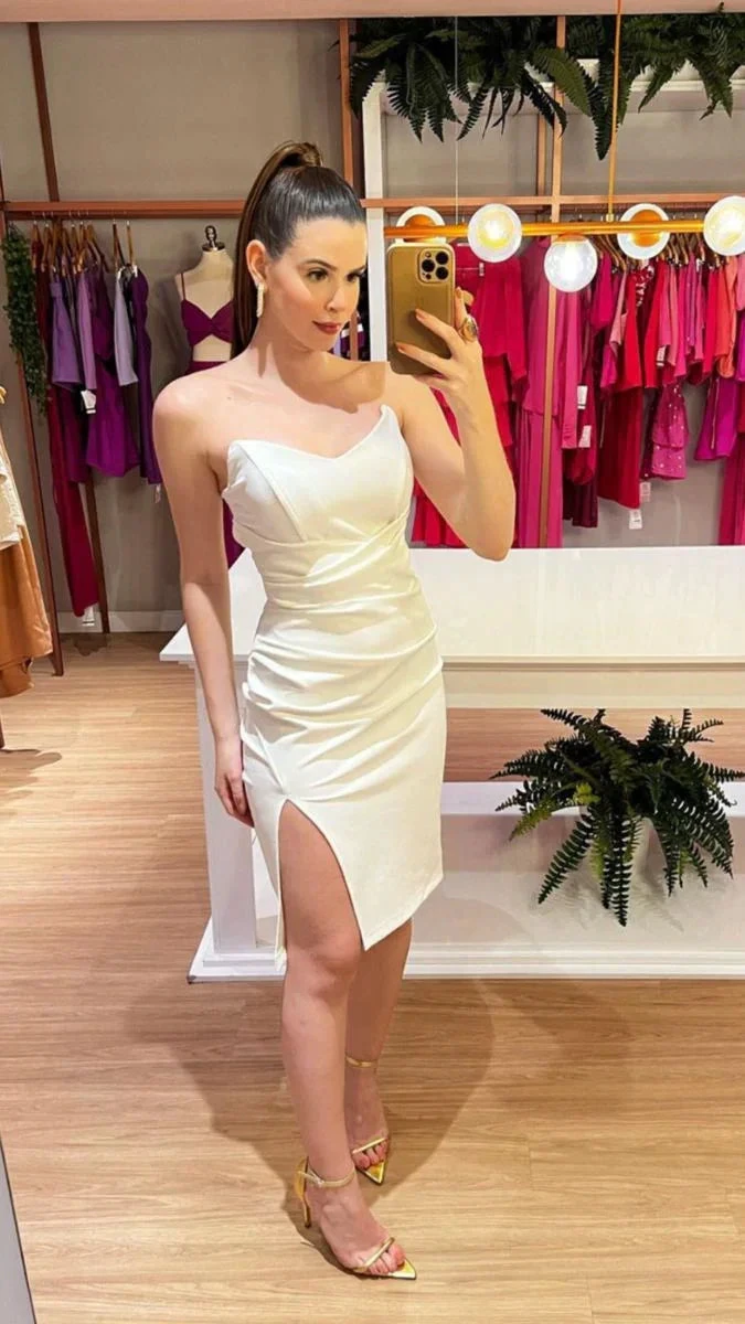 White Strapless Party Dress With Leg Slit White Homecoming Dress Y4843 by simplepromdress