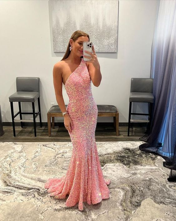 Pink Mermaid Sequins One-Shoulder Sleeveless Sweep/Brush Train Prom Dress - VelvetHem