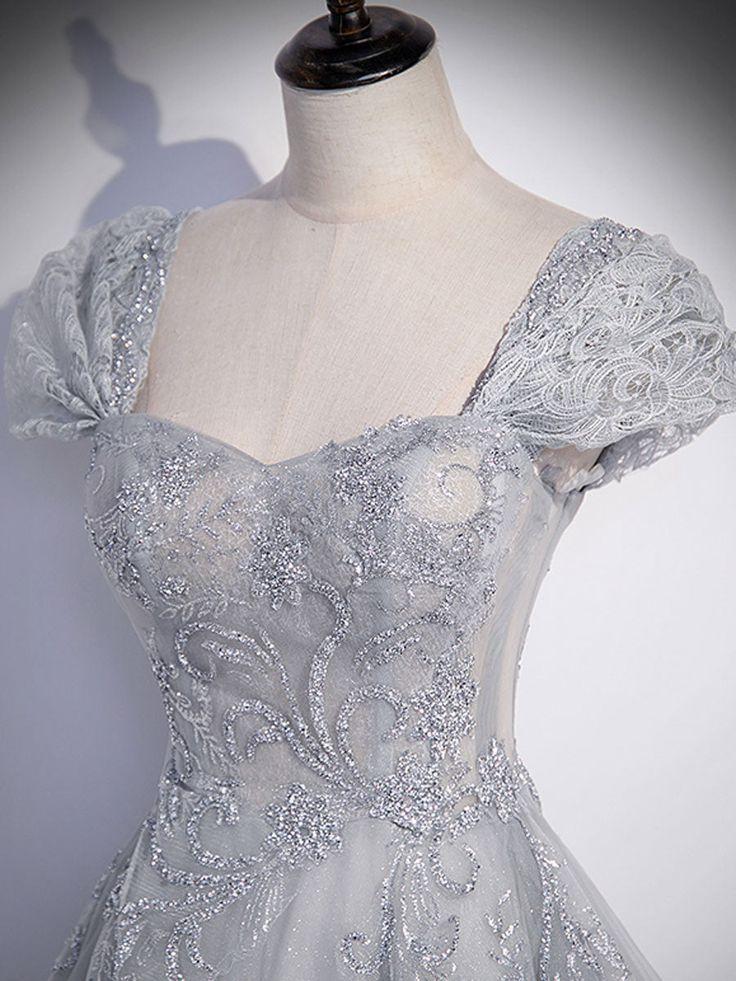 A-Line Gray Tulle Sequin Long Prom Dress Gray Formal Evening Dress Y4733