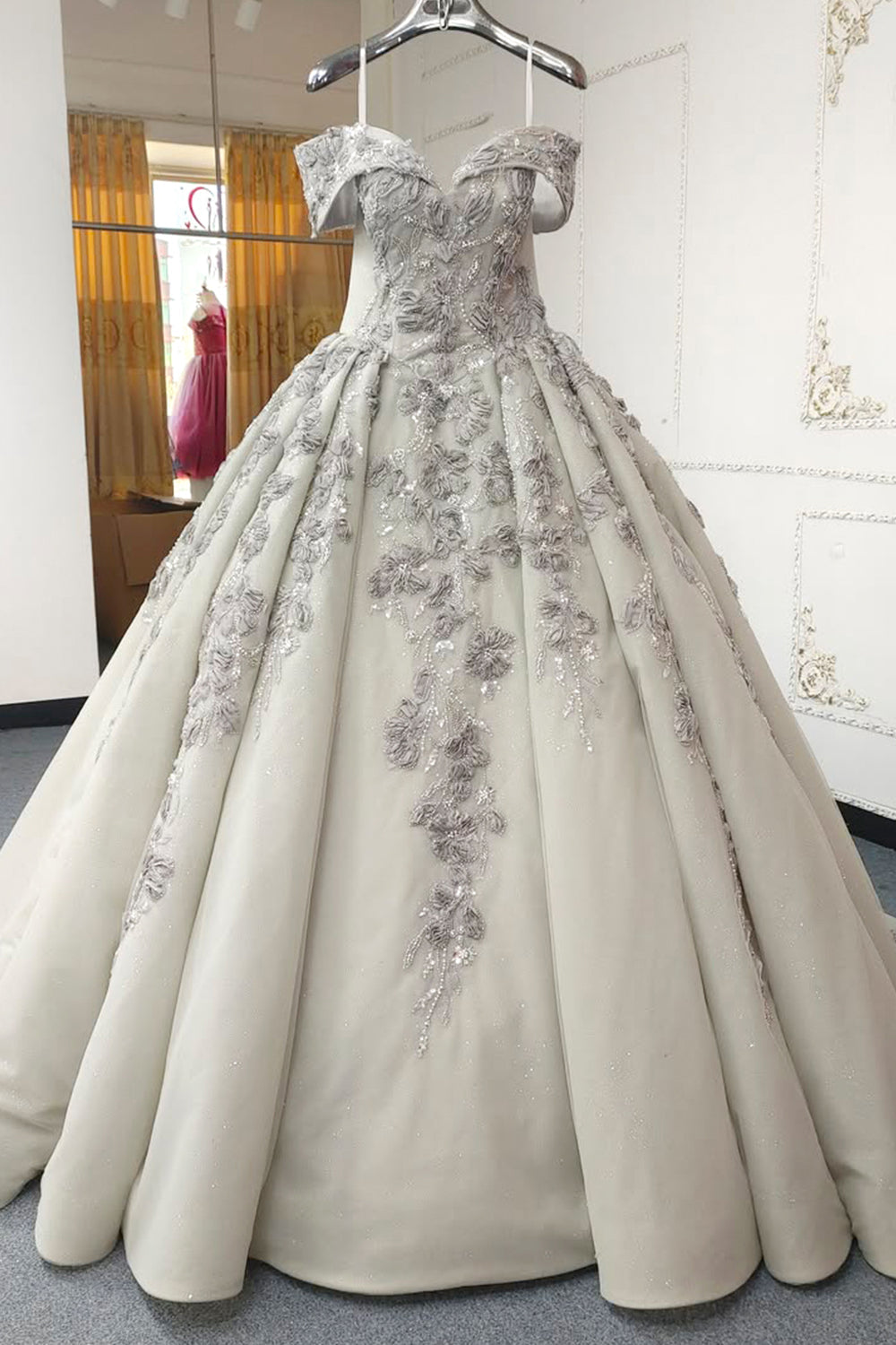 Beautiful A Line Off the Shoulder Grey Ball Gown Quinceanera Dress with Appliques Criss Cross Back - VelvetHem