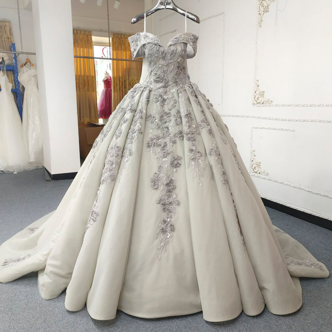 Beautiful A Line Off the Shoulder Grey Ball Gown Quinceanera Dress with Appliques Criss Cross Back - View 3 | VelvetHem
