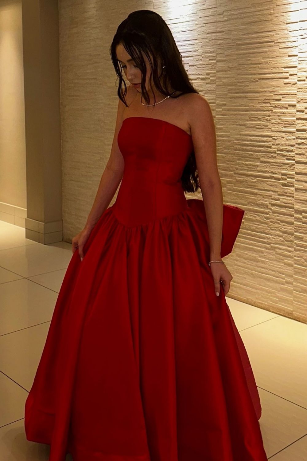 Charming A Line Strapless Red Long Prom Dress with Bowknot - VelvetHem