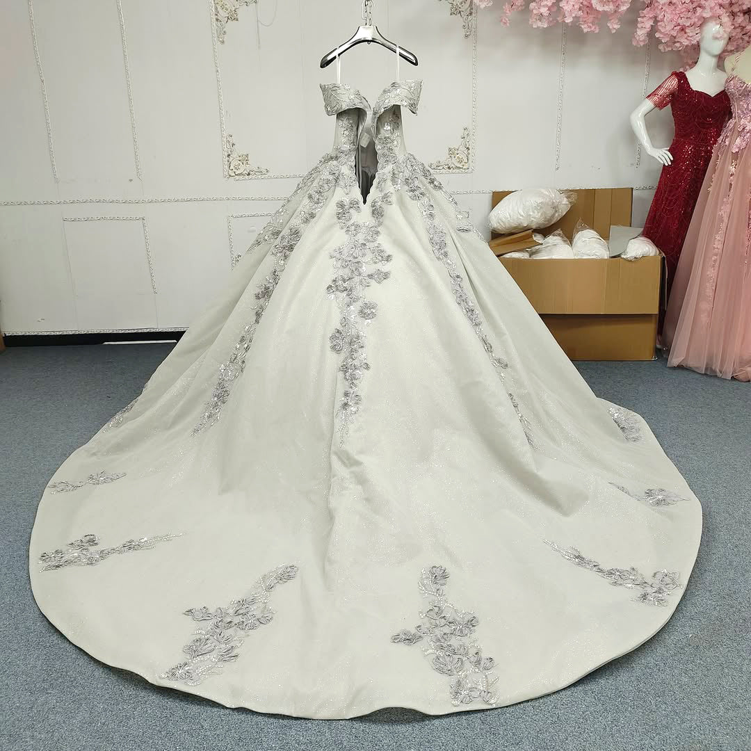 Beautiful A Line Off the Shoulder Grey Ball Gown Quinceanera Dress with Appliques Criss Cross Back - View 2 | VelvetHem