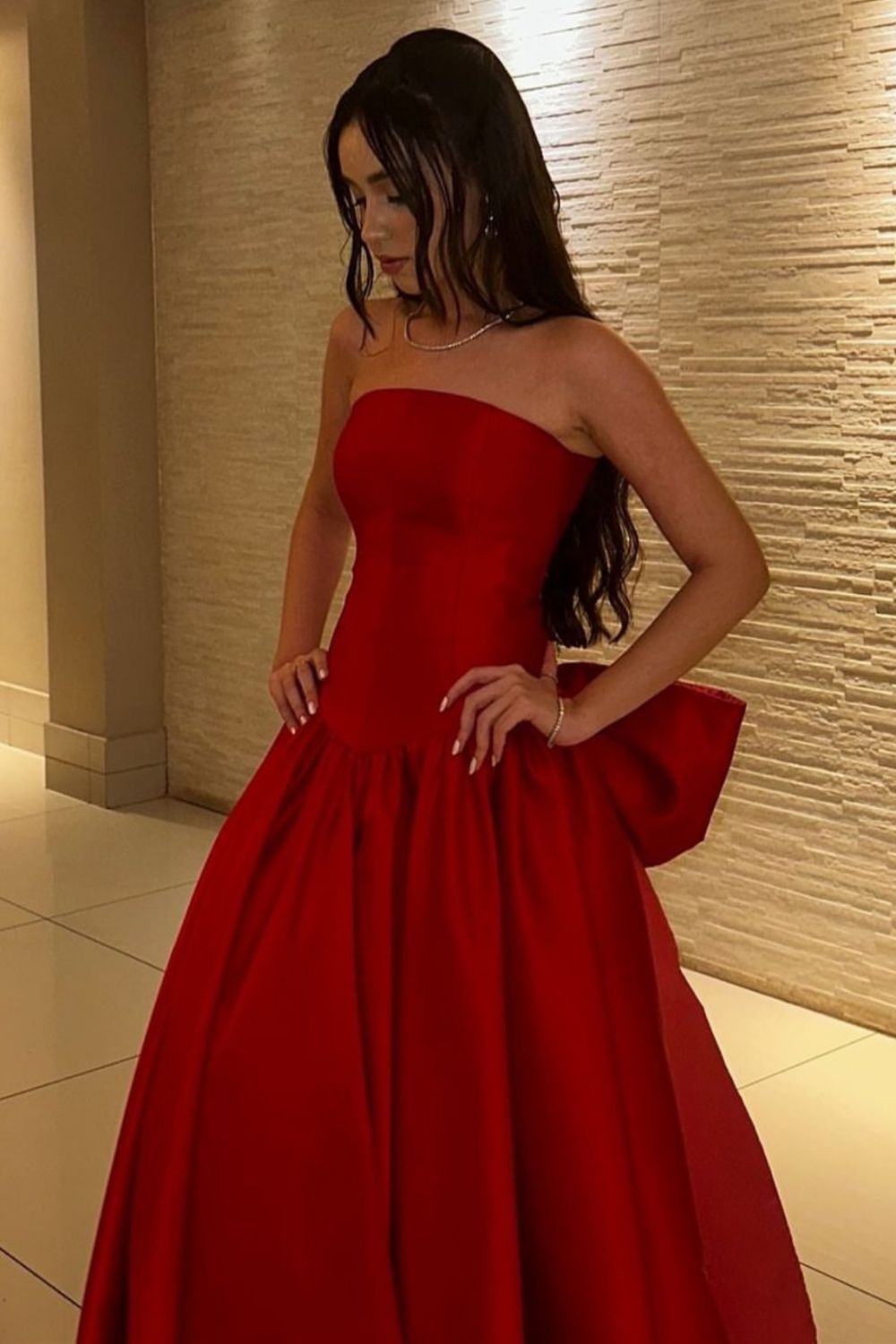 Charming A Line Strapless Red Long Prom Dress with Bowknot - View 3 | VelvetHem