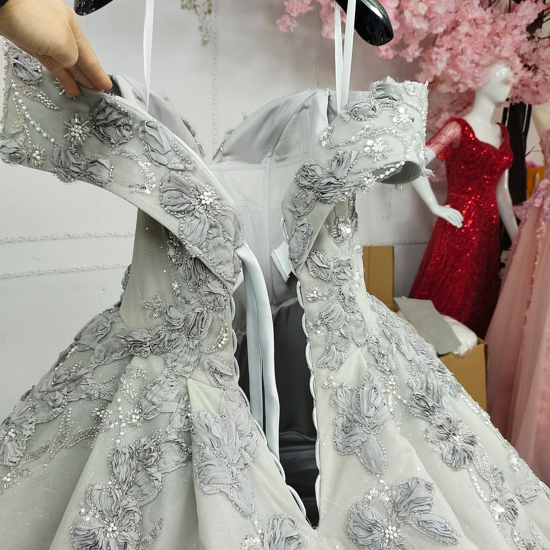 Beautiful A Line Off the Shoulder Grey Ball Gown Quinceanera Dress with Appliques Criss Cross Back - View 5 | VelvetHem