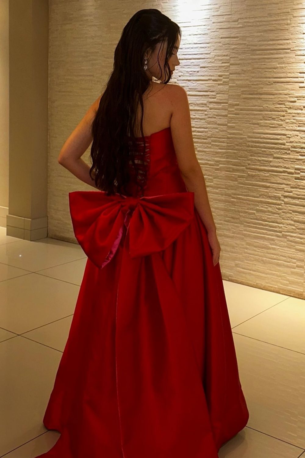 Charming A Line Strapless Red Long Prom Dress with Bowknot - View 2 | VelvetHem