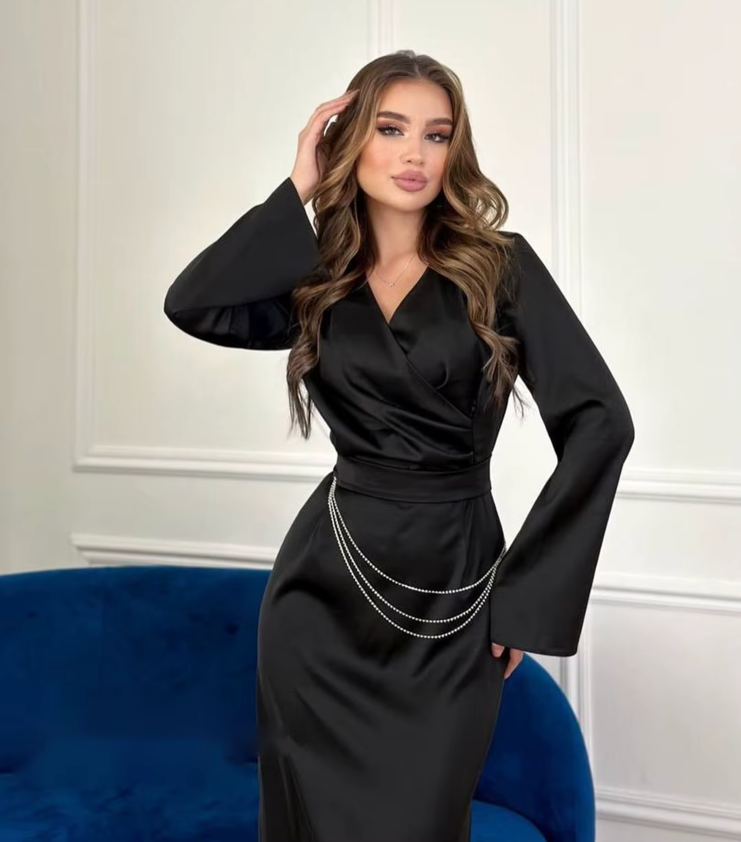 Melania Minimalist Satin Dress with Flared Sleeves Elevated Occasion Wear