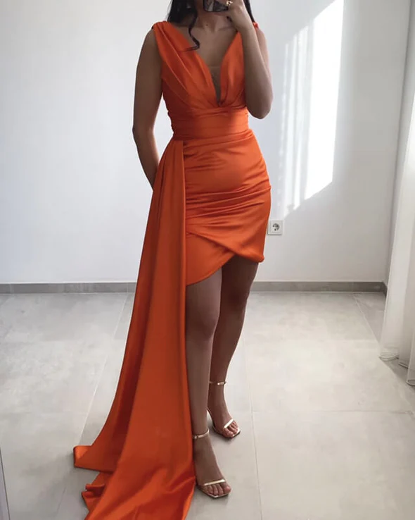 Orange Sheath Plunge Prom Dress Sleeveless Evening Dress
