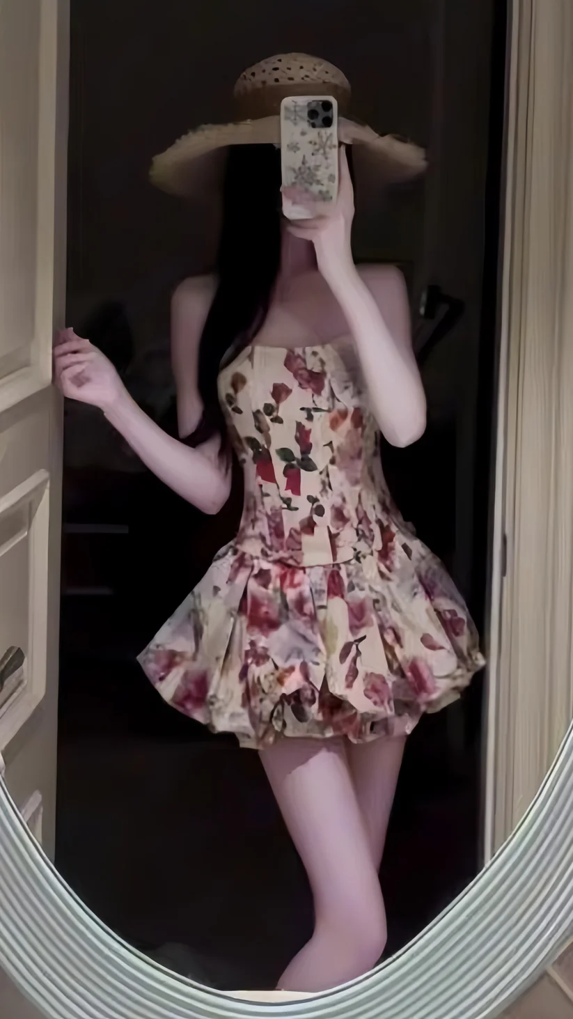 Pretty Strapless Satin Print Floral A Line Short 21st Birthday Outfits Homecoming Dress - View 6 | VelvetHem