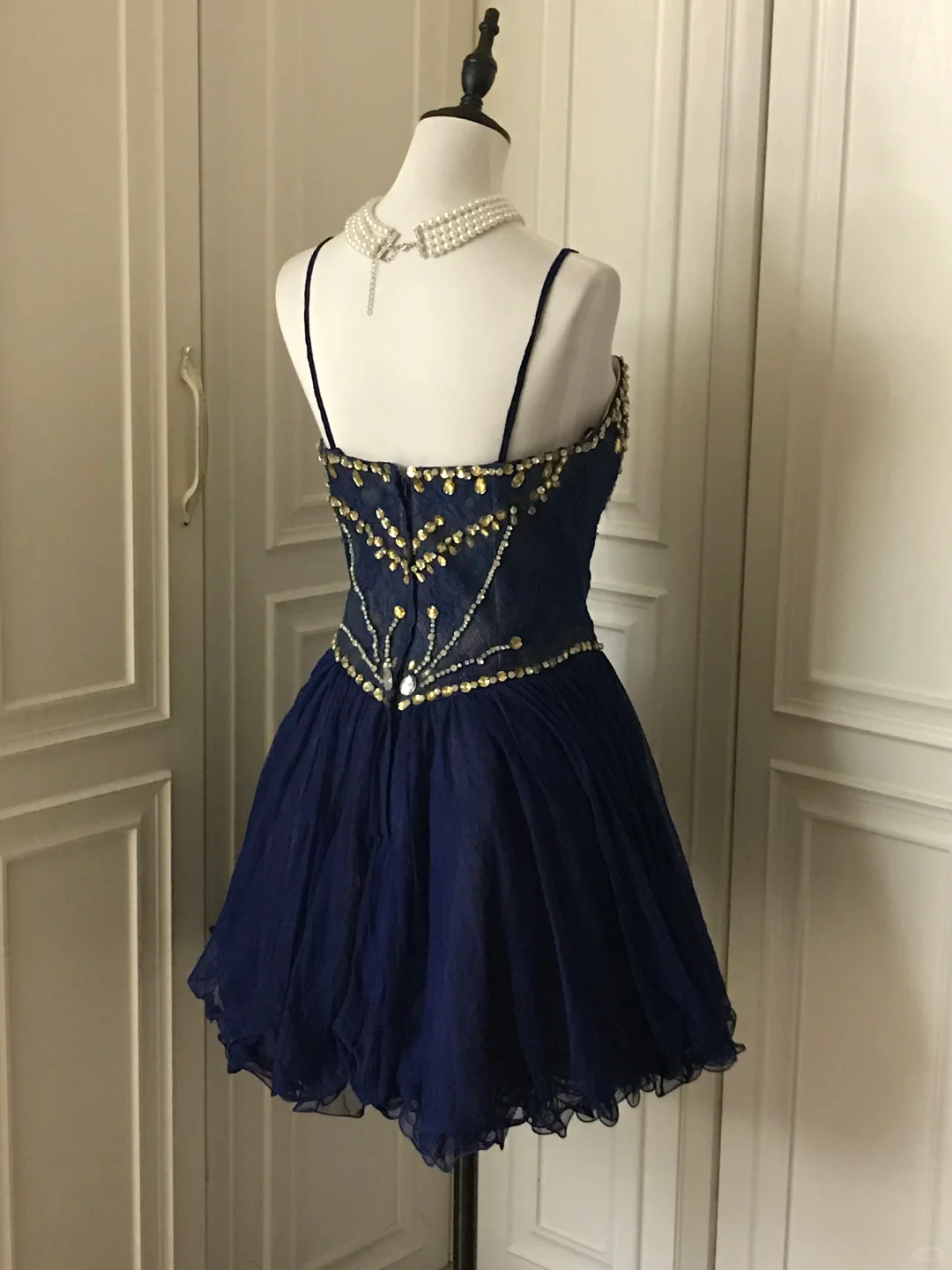 Vintage Navy Blue Lace Beaded A Line Homecoming Dress Short Party Dress - View 4 | VelvetHem