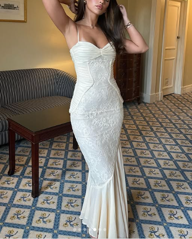 Elegant Spaghetti Straps Apricot Lace Chiffon Mermaid Evening Dress Prom Dress - View 2 | VelvetHem