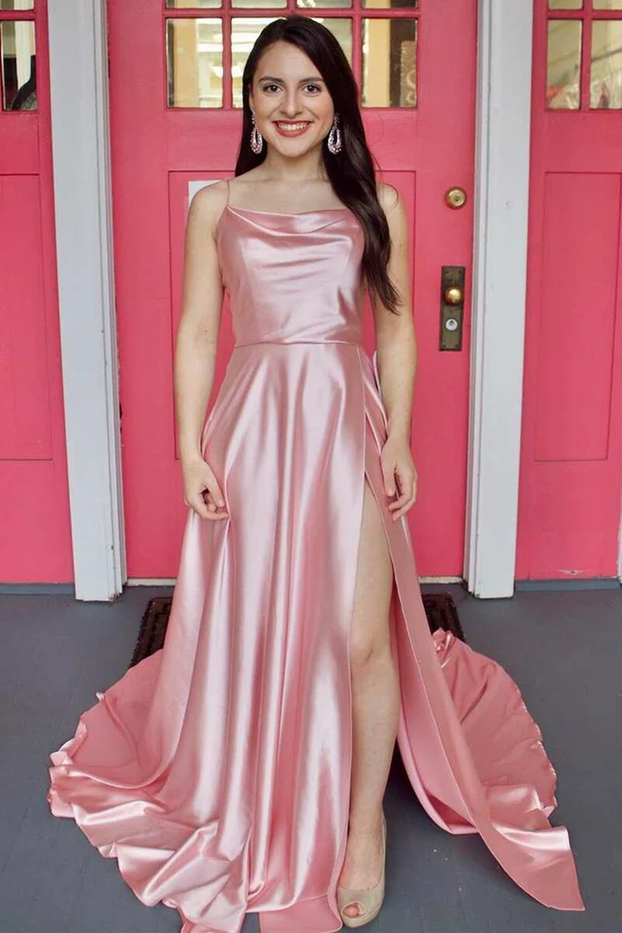 Simple Pink Satin Long Prom Dress with High Slit, Long Pink Formal Graduation Evening Dress Y212 - VelvetHem
