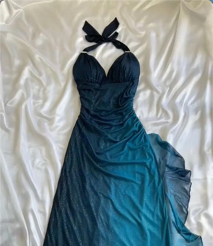 Beautiful Halter Ombre Navy Blue V Neck Chiffon Long Prom Dress Party Dress