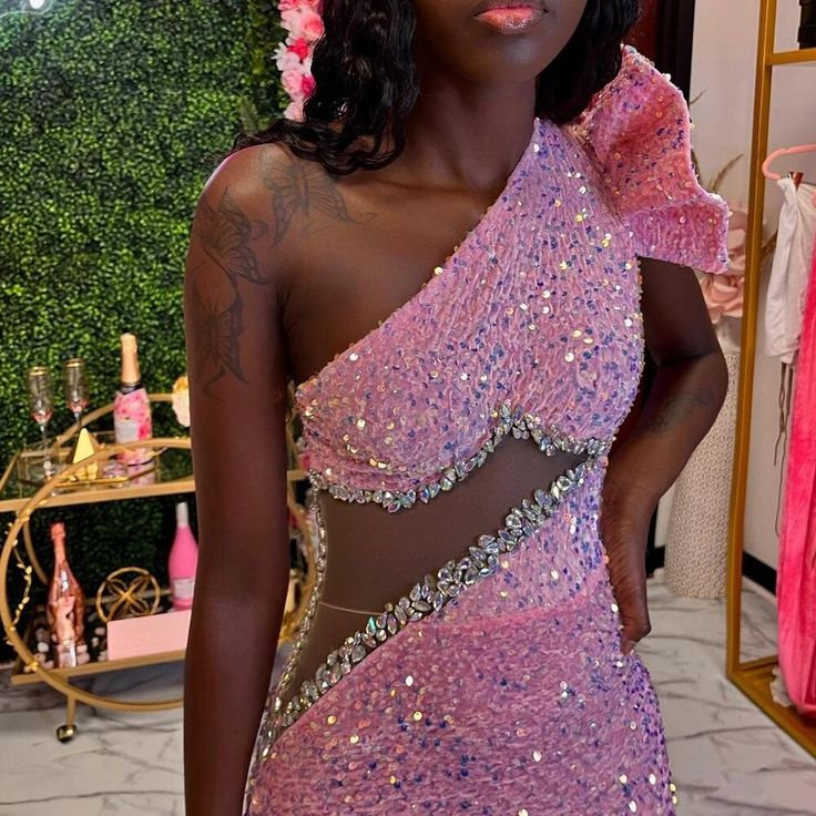 Pink Beaded Sequins Evening Dress One Shoulder Mermaid Prom Dress Y6681