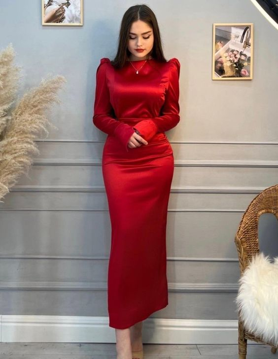 Modest Red Long Sleeves Evening Dress Simple Red Prom Dress Y6564