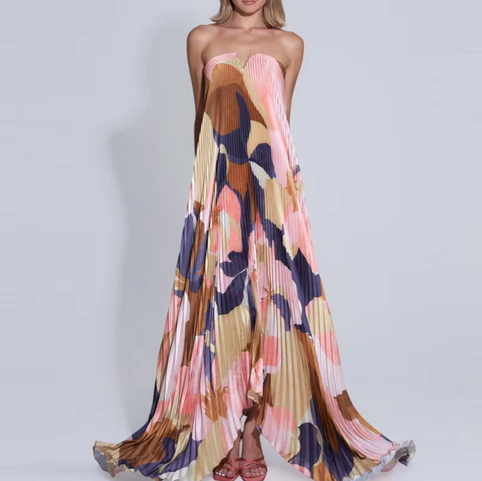 Silvana Statement Floral Strapless Pleated Long Dress Evening Wear Edit