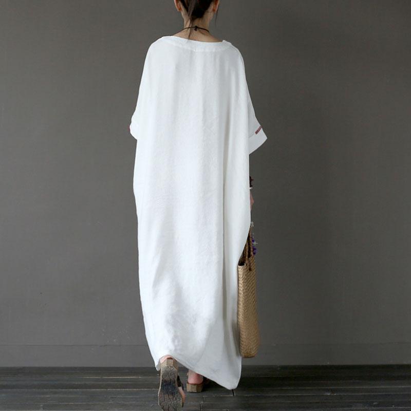 Women Flax Cotton 1/2 Sleeve Embroidery White Dress