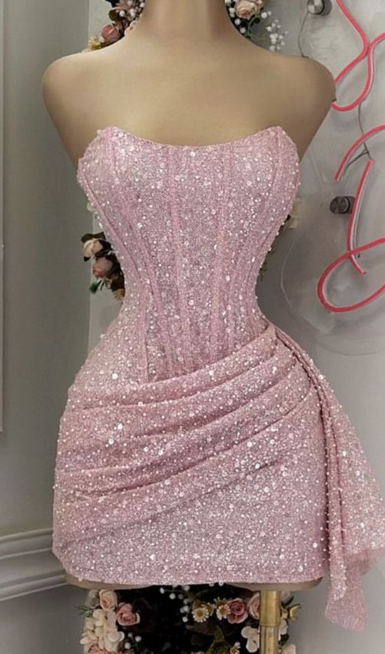 Pink Strapless Sequins Party Dress Mini Homecoming Dress Birthday Outfits fg6892 - View 2 | VelvetHem