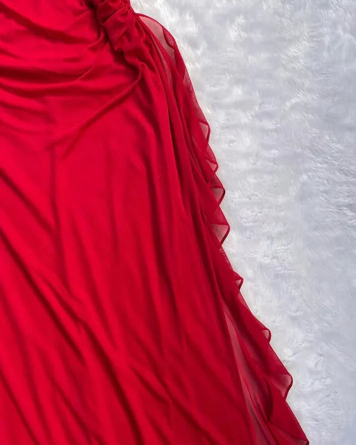 Halter Red A Line Long Prom Dresses Ruffled Evening Dresses fg7108 - View 2 | VelvetHem