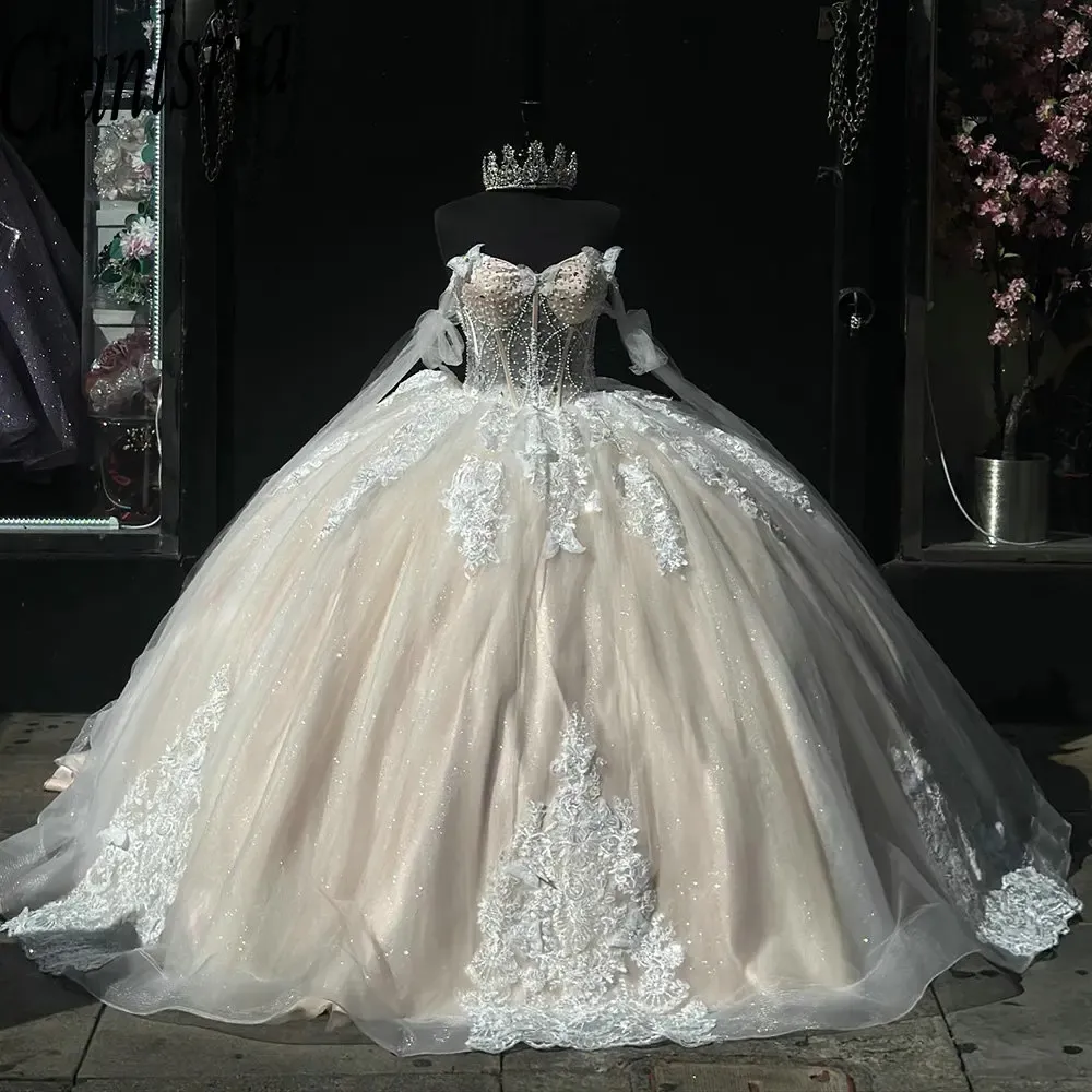 Shimmering Champagne Beaded Pearls Illusion Ball Gown Quinceanera Dress fg6836 - VelvetHem