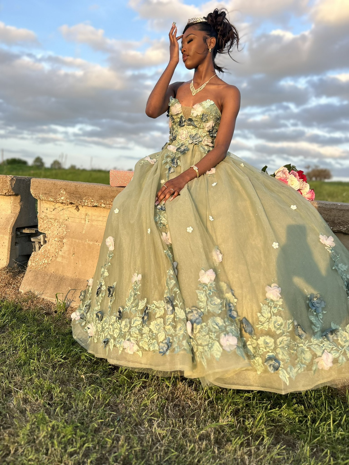 Strapless Green Quinceanera Dresses 3D Flower Applique Sweet 16 Dress Ball Gown fg6883 - View 2 | VelvetHem