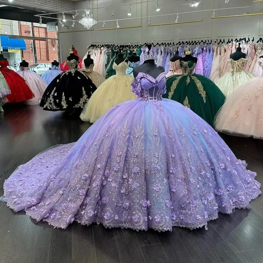 Mexico Purple Sweetheart Quinceanera Dress Beaded Appliques Corset Prom Dress 3D Flowers Ball Gown Sweet 16 Robe De Bal fg6842 - VelvetHem
