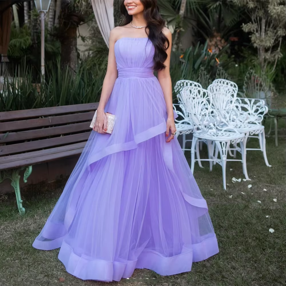 Lavender Tulle Long Dresses Wedding Party Ruffles Strapless Prom Dresses Formal Occasion Dress fg6856 - VelvetHem